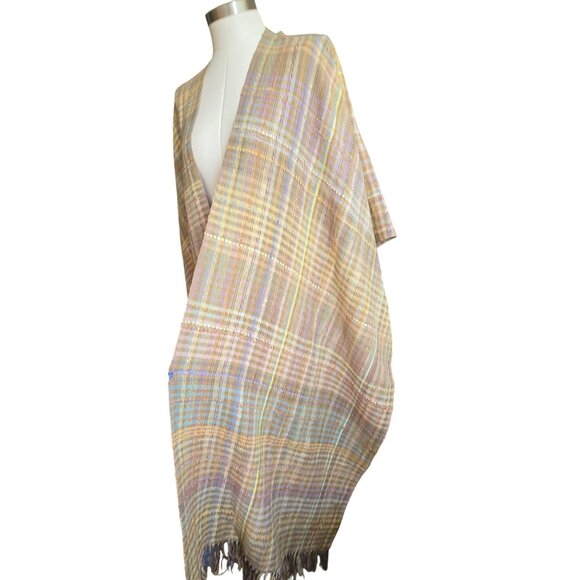 Laise Adzer Handwoven Plaid Cape Shawl Pastel Tan Multicolor Ribbon CM2057 - Picture 5 of 11